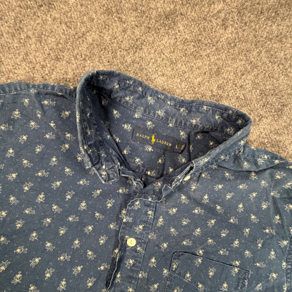 Ralph Lauren Mens Floral Popover Shirt Short Sleeve Blue Large 0993